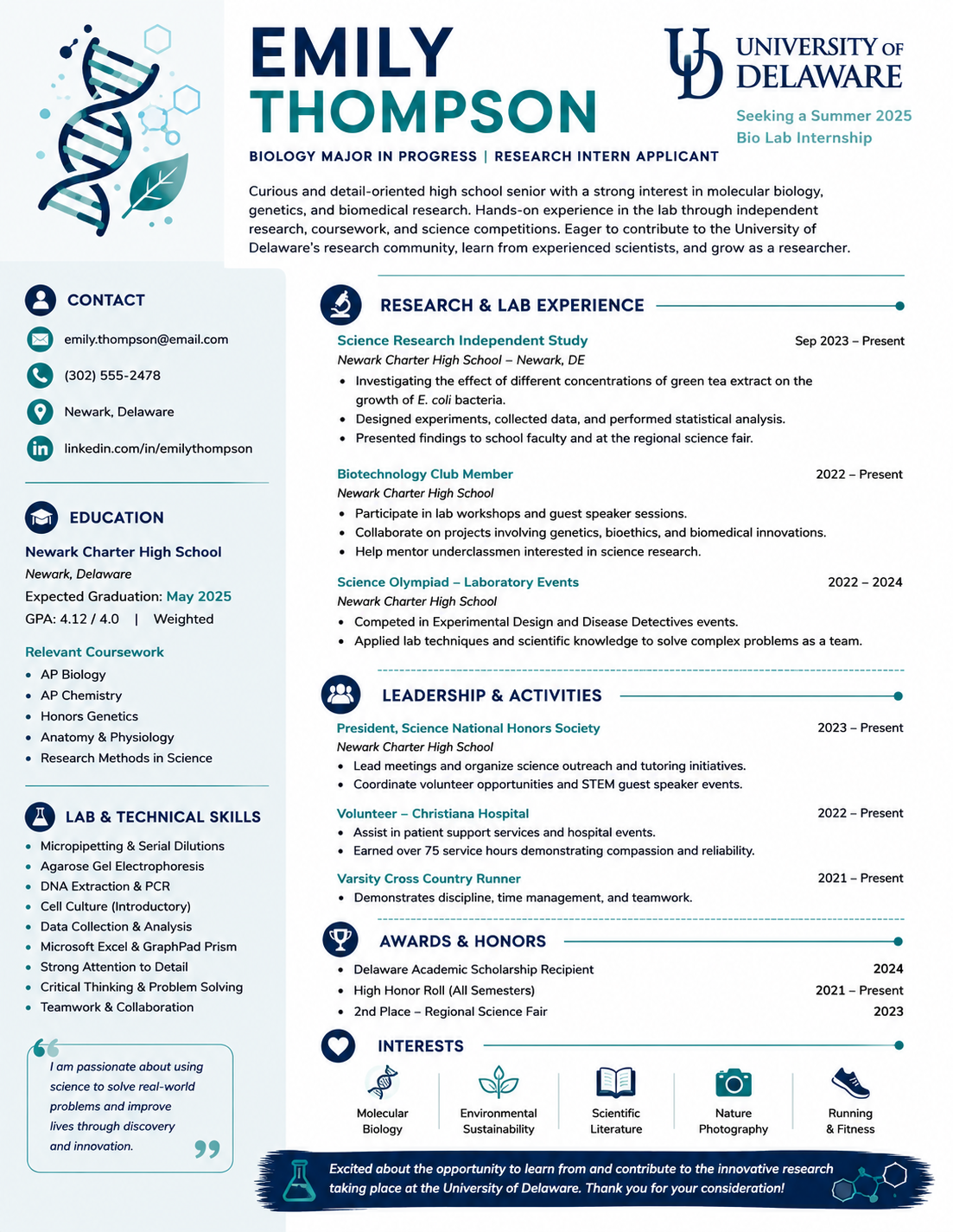 Sample Resume for Lab Internship