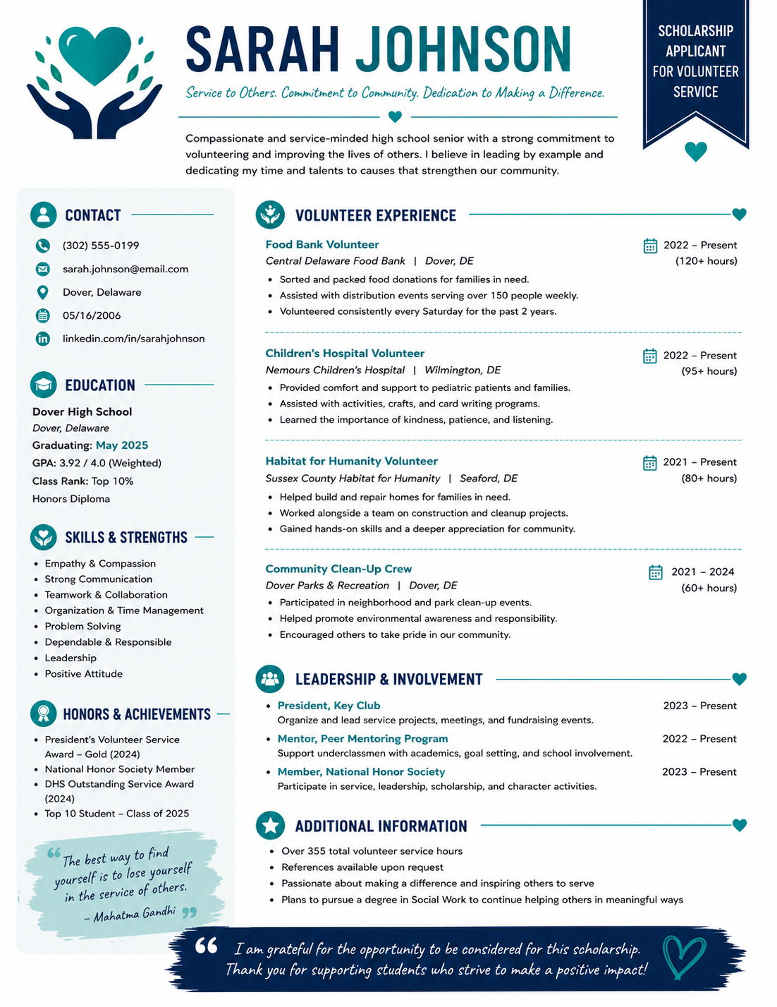 Sample Resume for Service Oriented Scholarship